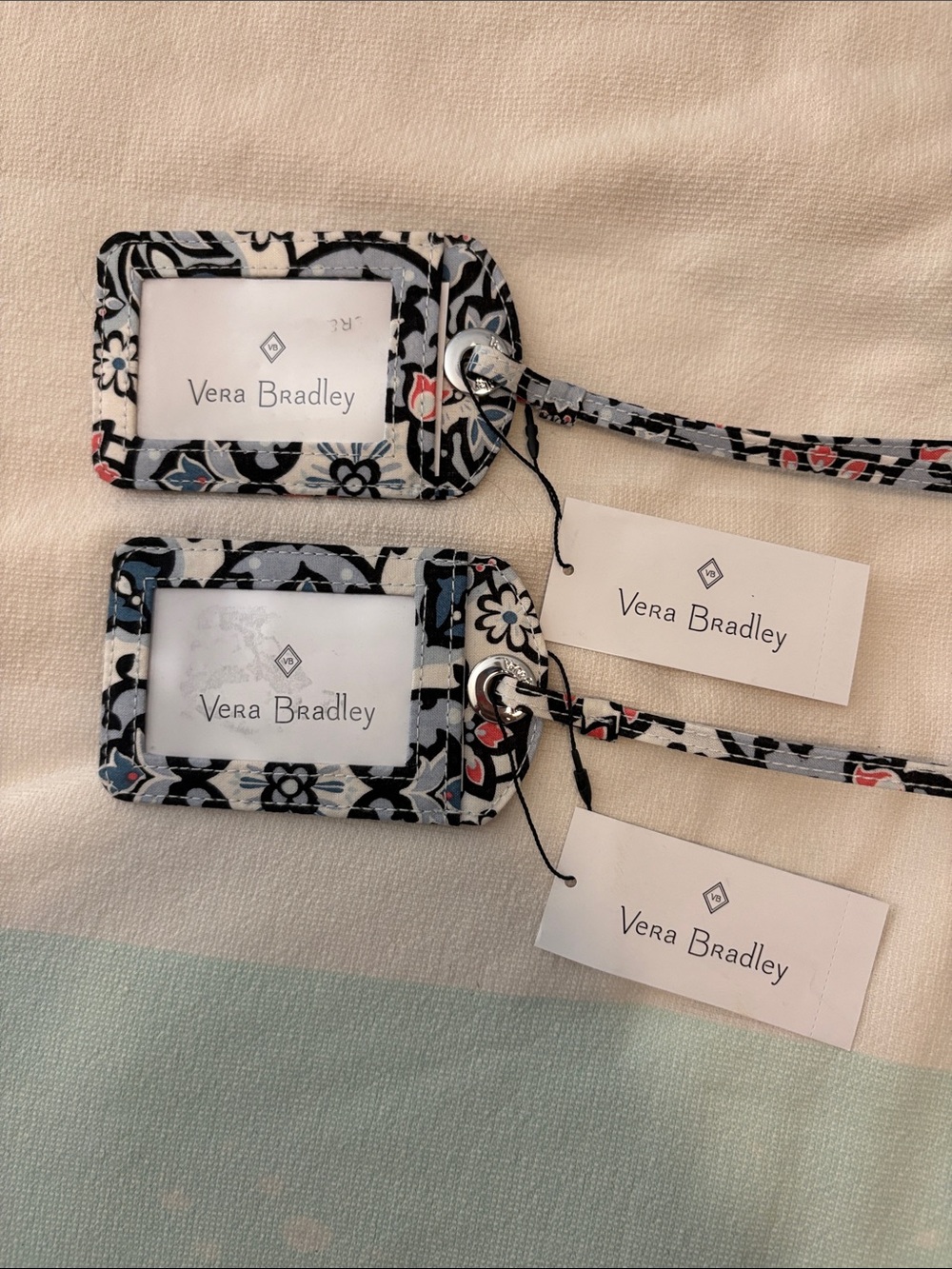 Vera Bradley Floral Luggage ID Tags in Blue, White & Peach Accents NWT x 2